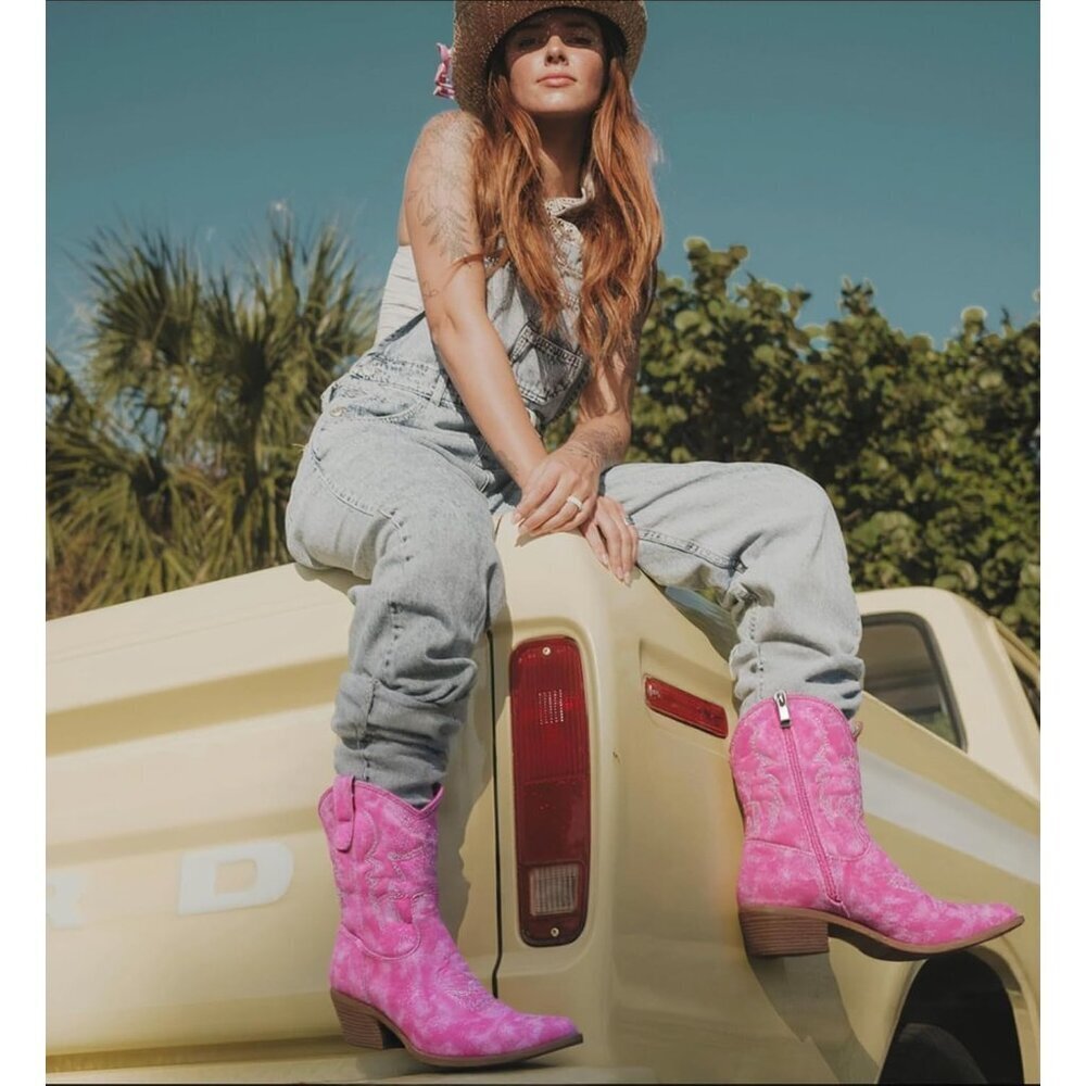 Women's Pink Leather Cow Girl Breathable Stylish Classic Fashion Tall Boots